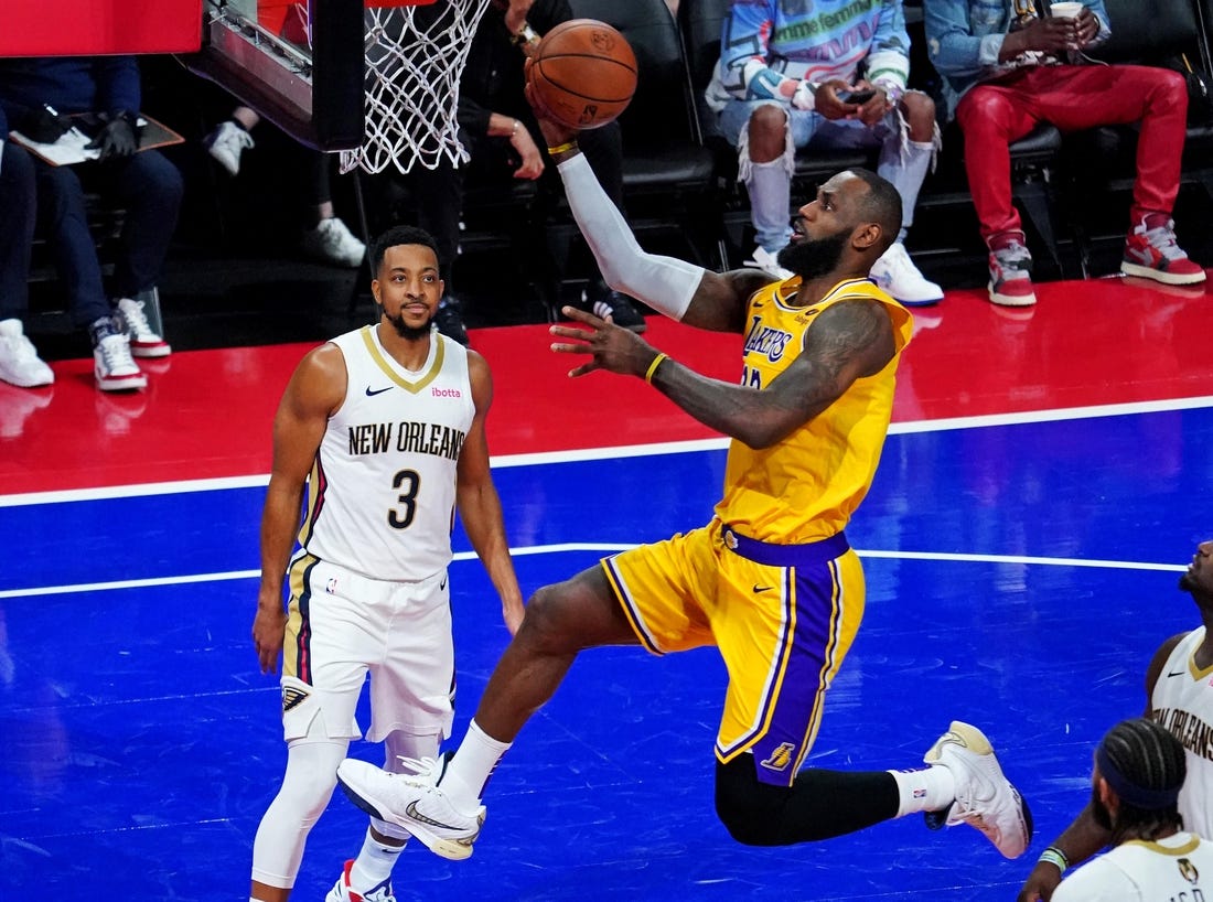 Dec 7, 2023; Las Vegas, Nevada, USA; Los Angeles Lakers forward LeBron James (23) shoots the ball against Los Angeles Lakers forward Anthony Davis (3) in the NBA In Season Tournament Semifinal at T-Mobile Arena. Mandatory Credit: Kyle Terada-USA TODAY Sports