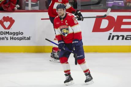 Dec 8, 2023; Sunrise, Florida, USA; Florida Panthers center Aleksander Barkov (16) looks on after scoring on an empty net against the Pittsburgh Penguins during the third period at Amerant Bank Arena. Mandatory Credit: Sam Navarro-USA TODAY Sports