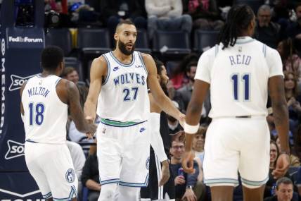 Dec 8, 2023; Memphis, Tennessee, USA; Minnesota Timberwolves center Rudy Gobert (27) reacts during the second half against the Memphis Grizzlies at FedExForum. Mandatory Credit: Petre Thomas-USA TODAY Sports