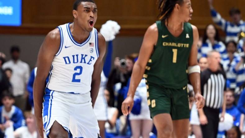 Dec 9, 2023; Durham, North Carolina, USA;  Duke Blue Devils guard Jaylen Blakes (2) reacts after hitting a three-point shot during the first half against the Charlotte 49ers at Cameron Indoor Stadium. Mandatory Credit: Rob Kinnan-USA TODAY Sports