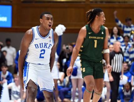 Dec 9, 2023; Durham, North Carolina, USA;  Duke Blue Devils guard Jaylen Blakes (2) reacts after hitting a three-point shot during the first half against the Charlotte 49ers at Cameron Indoor Stadium. Mandatory Credit: Rob Kinnan-USA TODAY Sports