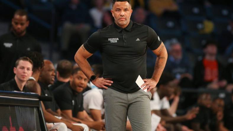 Dec 9, 2023; Atlanta, Georgia, USA; Georgia Tech Yellow Jackets head coach Damon Stoudamire on the sideline against the Alabama A&M Bulldogs in the first half at McCamish Pavilion. Mandatory Credit: Brett Davis-USA TODAY Sports