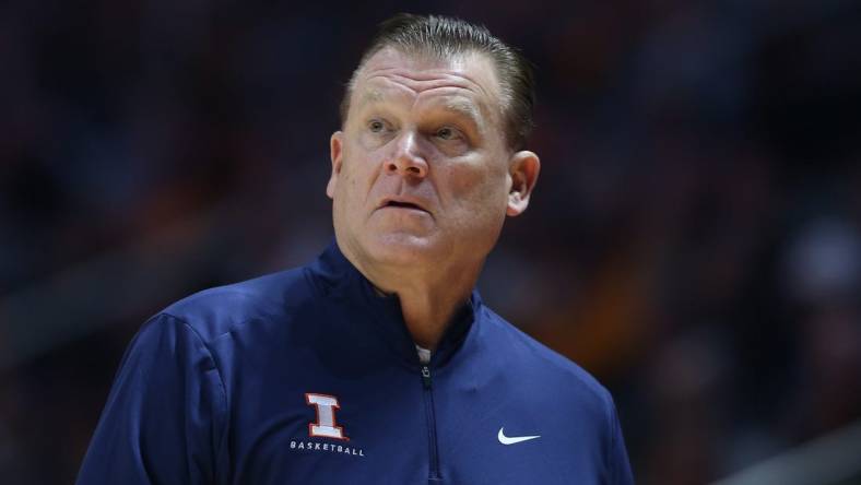 Dec 9, 2023; Knoxville, Tennessee, USA; Illinois Fighting Illini head coach Brad Underwood during the first half against the Tennessee Volunteers at Food City Center at Thompson-Boling Arena. Mandatory Credit: Randy Sartin-USA TODAY Sports