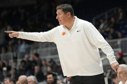 Dec 9, 2023; Toronto, Ontario, CAN; Clemson Tigers head coach Brad Brownell gestures to his players during the second half against TCU Horned Frogs at Coca-Cola Coliseum. Mandatory Credit: John E. Sokolowski-USA TODAY Sports