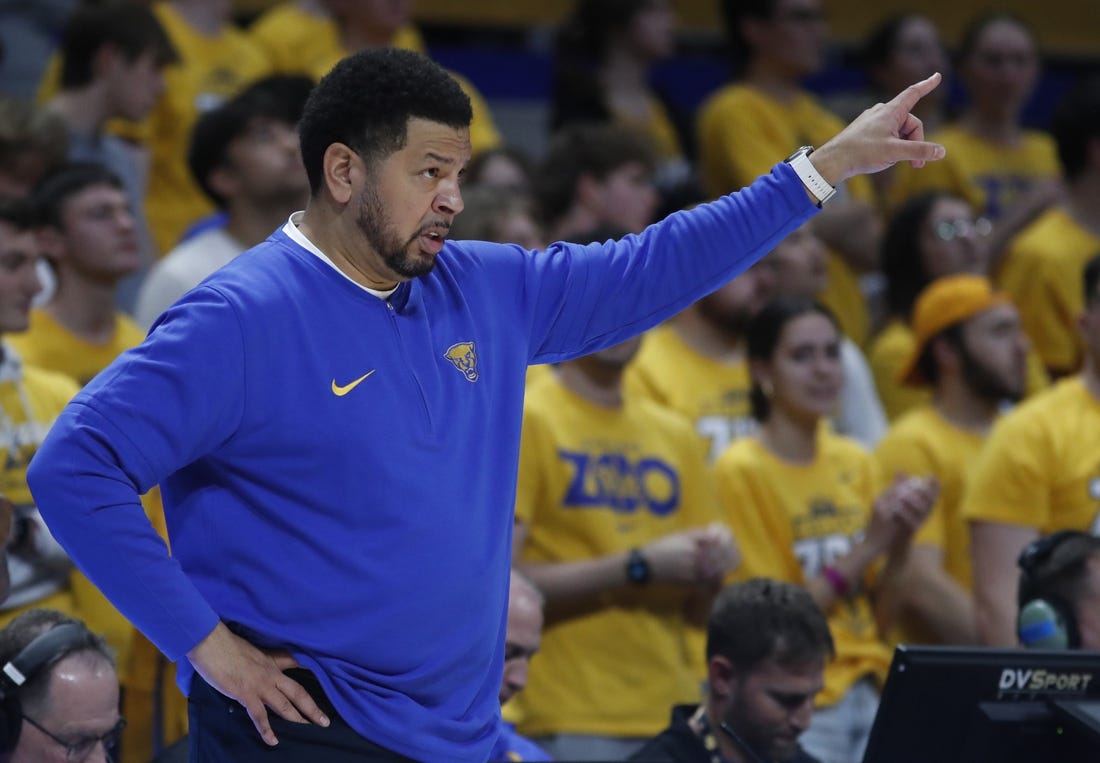 Dec 9, 2023; Pittsburgh, Pennsylvania, USA; Pittsburgh Panthers head coach Jeff Capel gestures on the sidelines against the Canisius Golden Griffins during the first half at the Petersen Events Center. Mandatory Credit: Charles LeClaire-USA TODAY Sports