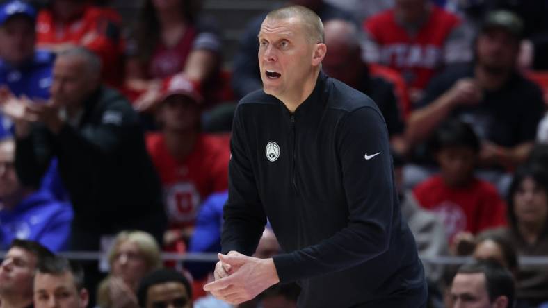 Dec 9, 2023; Salt Lake City, Utah, USA; Brigham Young Cougars head coach Mark Pope looks on in the game against the Utah Utes during the first half at Jon M. Huntsman Center. Mandatory Credit: Rob Gray-USA TODAY Sports