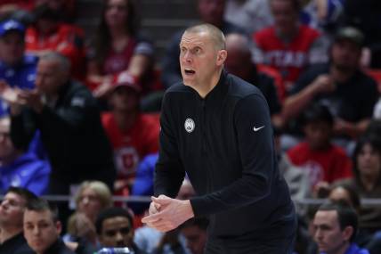 Dec 9, 2023; Salt Lake City, Utah, USA; Brigham Young Cougars head coach Mark Pope looks on in the game against the Utah Utes during the first half at Jon M. Huntsman Center. Mandatory Credit: Rob Gray-USA TODAY Sports