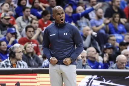 Dec 9, 2023; Newark, New Jersey, USA; Seton Hall Pirates head coach Shaheen Holloway reacts after the Rutgers Scarlet Knights call a timeout in the first half at Prudential Center. Mandatory Credit: Wendell Cruz-USA TODAY Sports