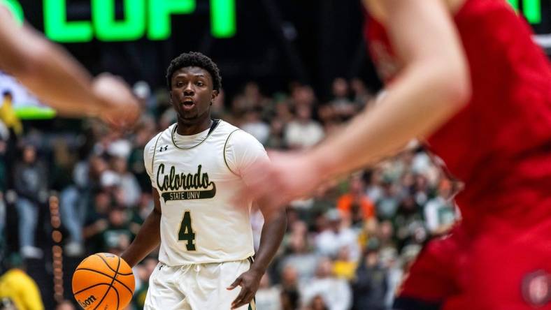 Colorado State's Isaiah Stevens brings the ball up court during a game against St. Mary's at Moby Arena in Fort Collins, Colo., on Saturday, Dec. 9, 2023.