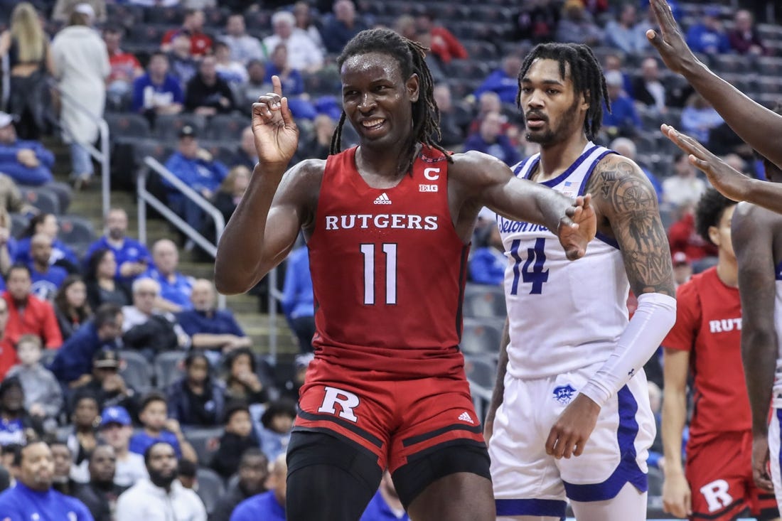 Dec 9, 2023; Newark, New Jersey, USA; Rutgers Scarlet Knights center Clifford Omoruyi (11) reacts after blocking shot in the second half against the Seton Hall Pirates at Prudential Center. Mandatory Credit: Wendell Cruz-USA TODAY Sports