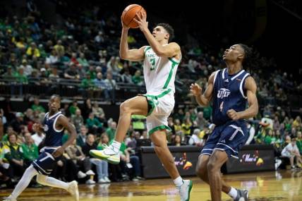 Oregon guard Jackson Shelstad goes up for a layup as the Oregon Ducks host UTEP Saturday, Dec. 9, 2023, at Matthew Knight Arena in Eugene, Ore.