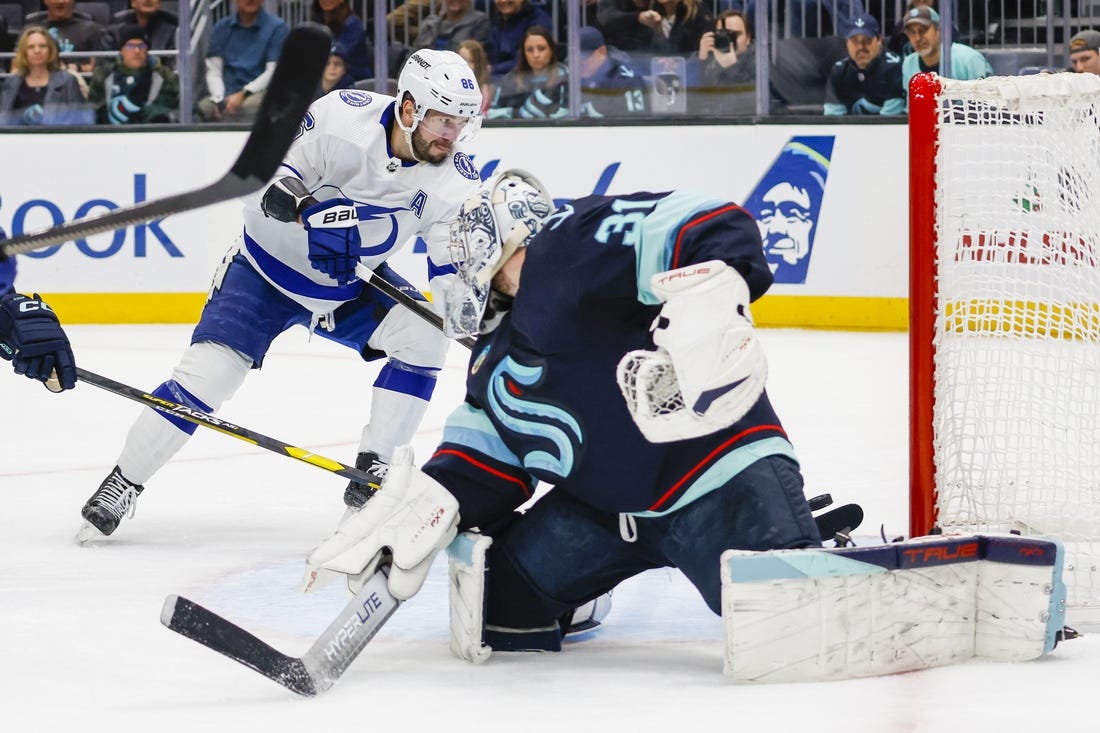 Dec 9, 2023; Seattle, Washington, USA; Tampa Bay Lightning right wing Nikita Kucherov (86) scores a goal against Seattle Kraken goaltender Philipp Grubauer (31) during the first period at Climate Pledge Arena. Mandatory Credit: Joe Nicholson-USA TODAY Sports