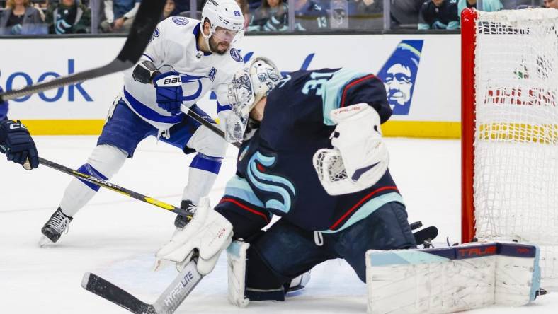 Dec 9, 2023; Seattle, Washington, USA; Tampa Bay Lightning right wing Nikita Kucherov (86) scores a goal against Seattle Kraken goaltender Philipp Grubauer (31) during the first period at Climate Pledge Arena. Mandatory Credit: Joe Nicholson-USA TODAY Sports