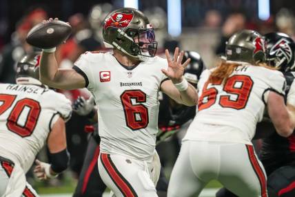 Dec 10, 2023; Atlanta, Georgia, USA; Tampa Bay Buccaneers quarterback Baker Mayfield (6) passes the ball against the Atlanta Falcons during the first quarter at Mercedes-Benz Stadium. Mandatory Credit: Dale Zanine-USA TODAY Sports
