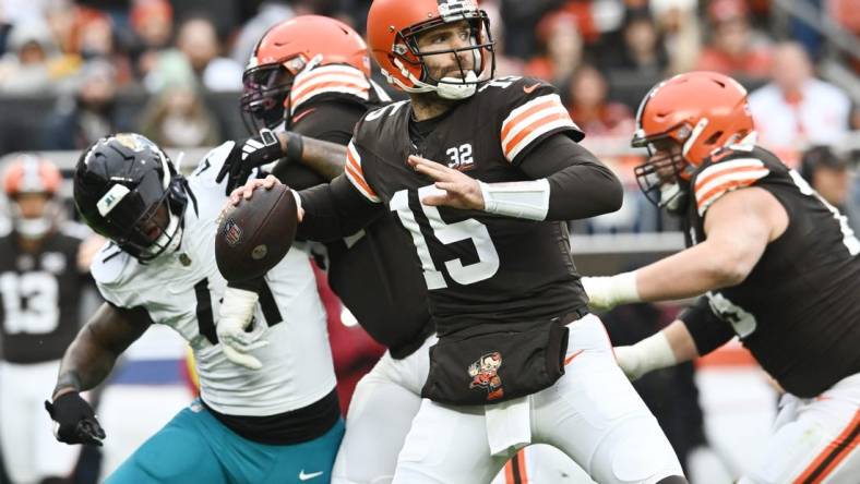 Dec 10, 2023; Cleveland, Ohio, USA; Cleveland Browns quarterback Joe Flacco (15) throws a pass during the first half against the Jacksonville Jaguars at Cleveland Browns Stadium. Mandatory Credit: Ken Blaze-USA TODAY Sports