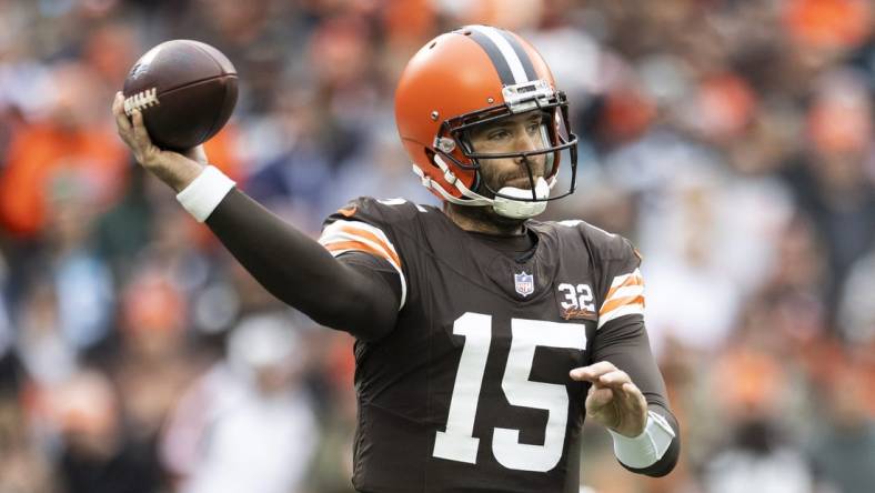 Dec 10, 2023; Cleveland, Ohio, USA; Cleveland Browns quarterback Joe Flacco (15) throws the ball during the first quarter against the Jacksonville Jaguars at Cleveland Browns Stadium. Mandatory Credit: Scott Galvin-USA TODAY Sports