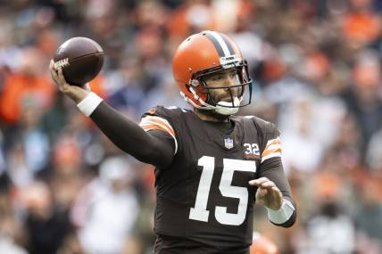 Dec 10, 2023; Cleveland, Ohio, USA; Cleveland Browns quarterback Joe Flacco (15) throws the ball during the first quarter against the Jacksonville Jaguars at Cleveland Browns Stadium. Mandatory Credit: Scott Galvin-USA TODAY Sports