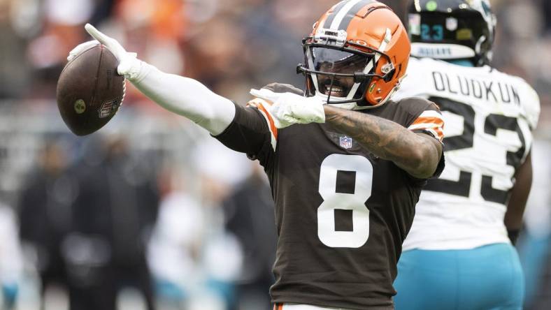 Dec 10, 2023; Cleveland, Ohio, USA; Cleveland Browns wide receiver Elijah Moore (8) celebrates his first down run against the Jacksonville Jaguars during the second quarter at Cleveland Browns Stadium. Mandatory Credit: Scott Galvin-USA TODAY Sports