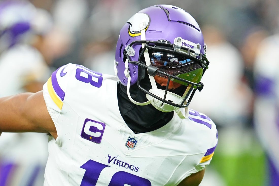 Dec 10, 2023; Paradise, Nevada, USA; Minnesota Vikings wide receiver Justin Jefferson (18) warms up before a game against the Las Vegas Raiders at Allegiant Stadium. Mandatory Credit: Stephen R. Sylvanie-USA TODAY Sports