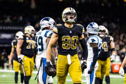 Dec 10, 2023; New Orleans, Louisiana, USA; New Orleans Saints tight end Jimmy Graham (80) yells after catching a pass against the Carolina Panthers during the second half at the Caesars Superdome. Mandatory Credit: Stephen Lew-USA TODAY Sports