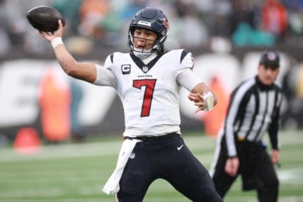 Dec 10, 2023; East Rutherford, New Jersey, USA; Houston Texans quarterback C.J. Stroud (7) throws a pass during the second half against the New York Jets at MetLife Stadium. Mandatory Credit: Vincent Carchietta-USA TODAY Sports