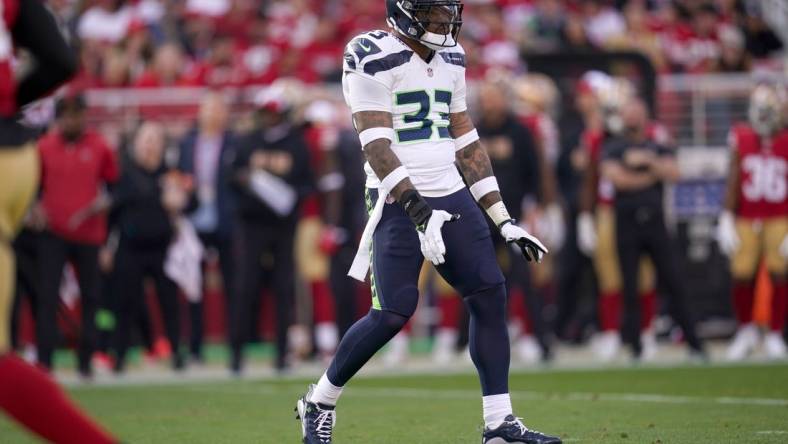 Dec 10, 2023; Santa Clara, California, USA; Seattle Seahawks safety Jamal Adams (33) reacts after breaking up a pass attempt against the San Francisco 49ers in the first quarter at Levi's Stadium. Mandatory Credit: Cary Edmondson-USA TODAY Sports