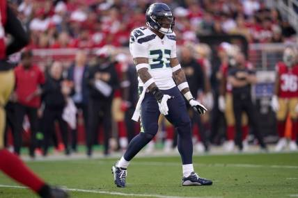 Dec 10, 2023; Santa Clara, California, USA; Seattle Seahawks safety Jamal Adams (33) reacts after breaking up a pass attempt against the San Francisco 49ers in the first quarter at Levi's Stadium. Mandatory Credit: Cary Edmondson-USA TODAY Sports
