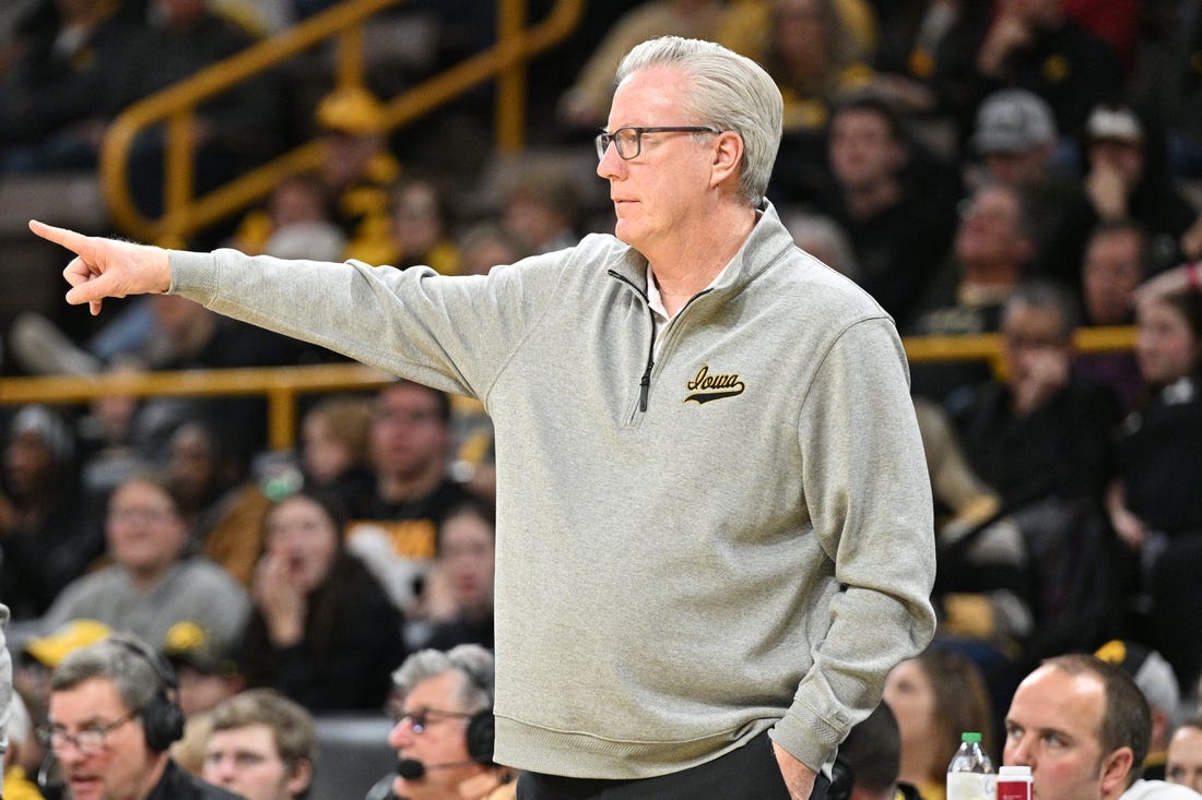 Dec 10, 2023; Iowa City, Iowa, USA; Iowa Hawkeyes head coach Fran McCaffery directs his team against the Michigan Wolverines during the first half at Carver-Hawkeye Arena. Mandatory Credit: Jeffrey Becker-USA TODAY Sports