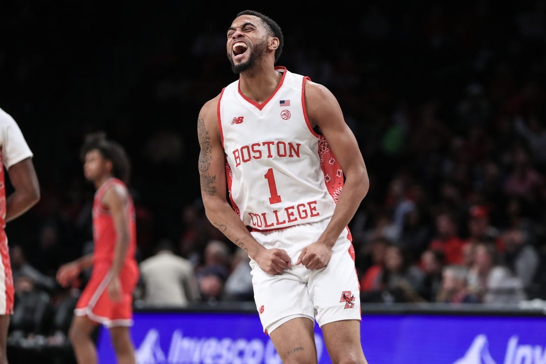 Dec 10, 2023; Brooklyn, New York, USA; Boston College Eagles guard Claudell Harris Jr. (1) celebrates after the St. John's Red Storm call a timeout in the second half at Barclays Center. Mandatory Credit: Wendell Cruz-USA TODAY Sports