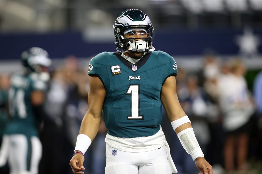 Dec 10, 2023; Arlington, Texas, USA; Philadelphia Eagles quarterback Jalen Hurts (1) warmups before the game against the Dallas Cowboys at AT&T Stadium. Mandatory Credit: Tim Heitman-USA TODAY Sports