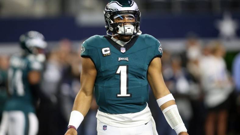 Dec 10, 2023; Arlington, Texas, USA; Philadelphia Eagles quarterback Jalen Hurts (1) warmups before the game against the Dallas Cowboys at AT&T Stadium. Mandatory Credit: Tim Heitman-USA TODAY Sports