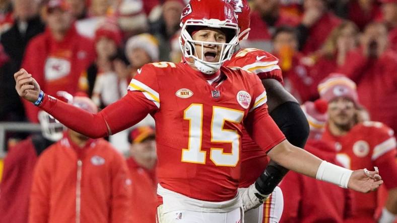 Dec 10, 2023; Kansas City, Missouri, USA; Kansas City Chiefs quarterback Patrick Mahomes (15) gestures to an official after a play against the Buffalo Bills during the second half at GEHA Field at Arrowhead Stadium. Mandatory Credit: Denny Medley-USA TODAY Sports