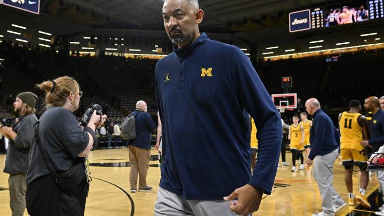 Dec 10, 2023; Iowa City, Iowa, USA; Michigan Wolverines head coach Juwan Howard walks off the court after the game against the Iowa Hawkeyes at Carver-Hawkeye Arena. Mandatory Credit: Jeffrey Becker-USA TODAY Sports