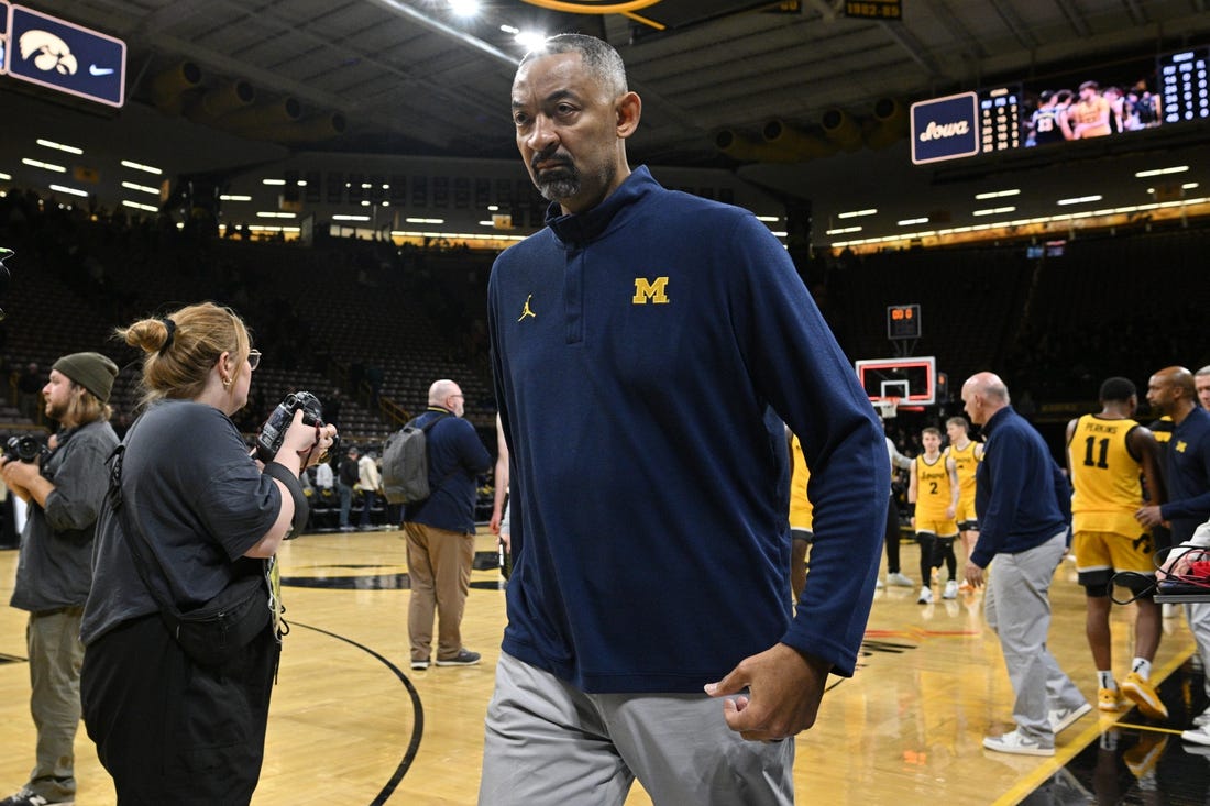 Dec 10, 2023; Iowa City, Iowa, USA; Michigan Wolverines head coach Juwan Howard walks off the court after the game against the Iowa Hawkeyes at Carver-Hawkeye Arena. Mandatory Credit: Jeffrey Becker-USA TODAY Sports