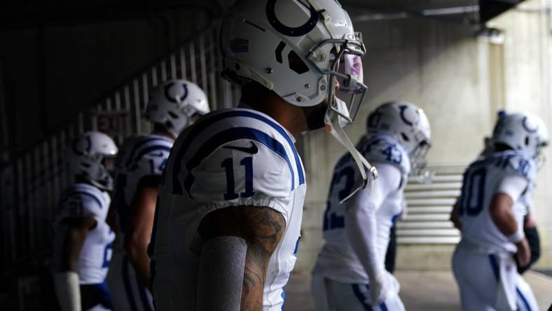 Dec 10, 2023; Cincinnati, Ohio, USA; Indianapolis Colts wide receiver Michael Pittman Jr. (11) gets set to take the field prior to a game against the Cincinnati Bengals at Paycor Stadium. Mandatory Credit: Kareem Elgazzar-USA TODAY Sports