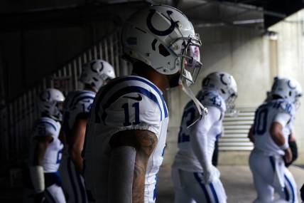 Dec 10, 2023; Cincinnati, Ohio, USA; Indianapolis Colts wide receiver Michael Pittman Jr. (11) gets set to take the field prior to a game against the Cincinnati Bengals at Paycor Stadium. Mandatory Credit: Kareem Elgazzar-USA TODAY Sports