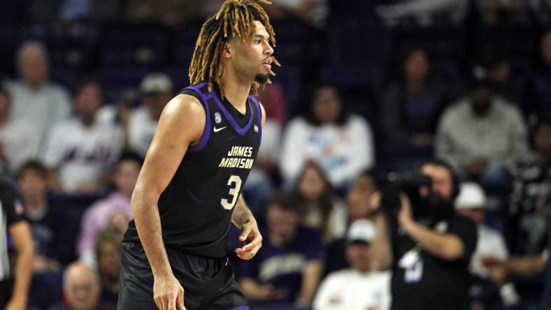 Dec 9, 2023; Norfolk, Virginia, USA; James Madison Dukes forward T.J. Bickerstaff (3) looks on during the game against the Old Dominion Monarchs at Chartway Arena at the Ted Constant Convocation Center. Mandatory Credit: Peter Casey-USA TODAY Sports