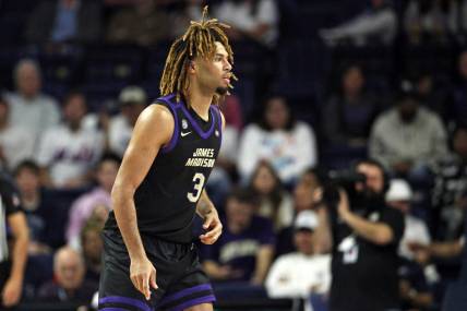 Dec 9, 2023; Norfolk, Virginia, USA; James Madison Dukes forward T.J. Bickerstaff (3) looks on during the game against the Old Dominion Monarchs at Chartway Arena at the Ted Constant Convocation Center. Mandatory Credit: Peter Casey-USA TODAY Sports