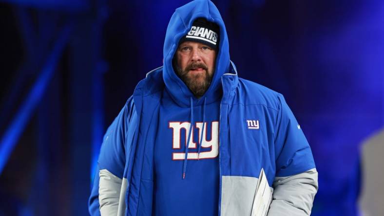 Dec 11, 2023; East Rutherford, New Jersey, USA; New York Giants head coach Brian Daboll looks on before the game against the Green Bay Packers at MetLife Stadium. Mandatory Credit: Vincent Carchietta-USA TODAY Sports