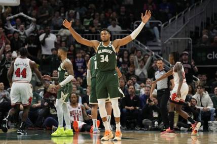 Dec 11, 2023; Milwaukee, Wisconsin, USA;  Milwaukee Bucks forward Giannis Antetokounmpo (34) reacts to a call during overtime against the Chicago Bulls at Fiserv Forum. Mandatory Credit: Jeff Hanisch-USA TODAY Sports