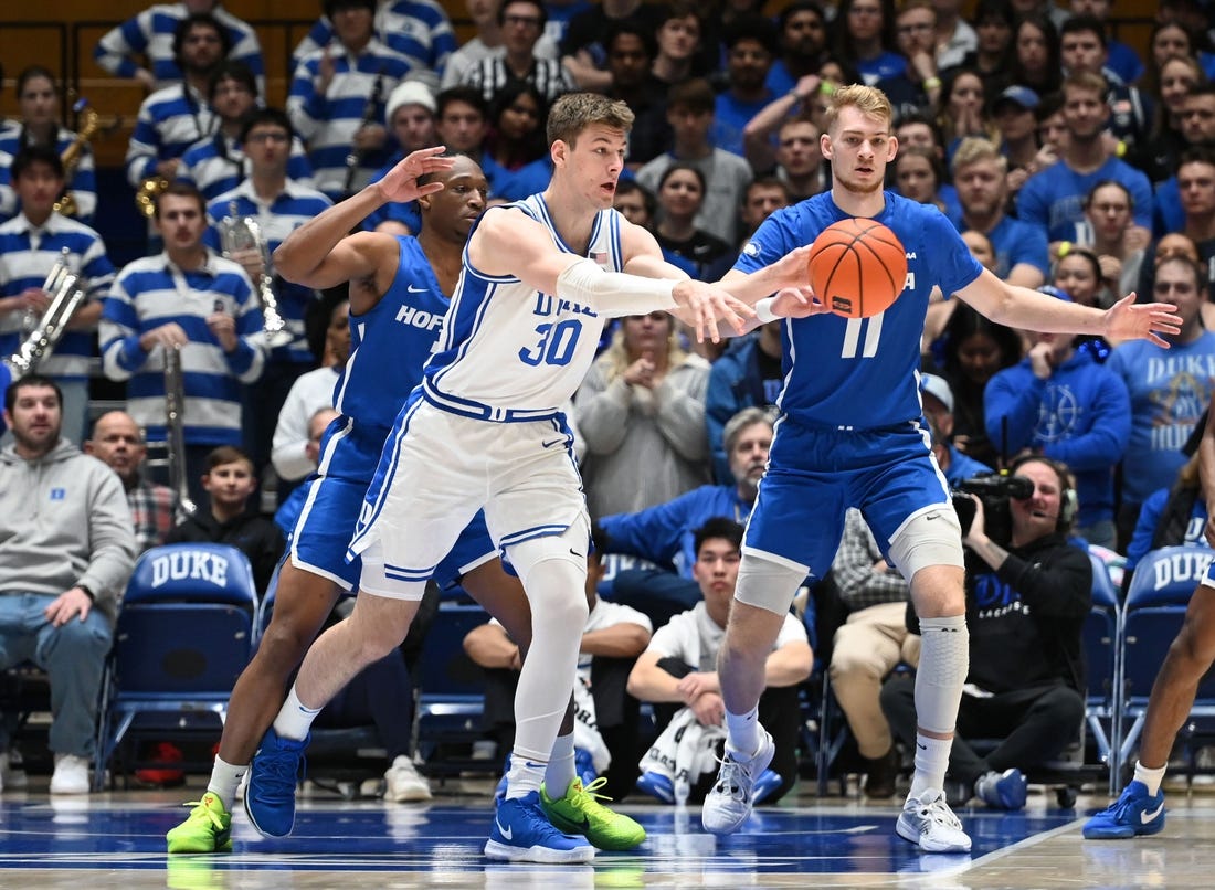 Dec 12, 2023; Durham, North Carolina, USA; Duke Blue Devils center Kyle Filipowski (30) throws a pass during the first half against the Hofstra Bison at Cameron Indoor Stadium. Mandatory Credit: Rob Kinnan-USA TODAY Sports