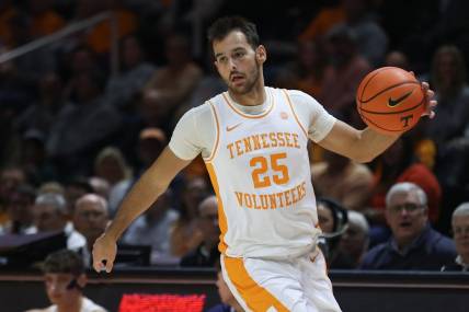 Dec 12, 2023; Knoxville, Tennessee, USA; Tennessee Volunteers guard Santiago Vescovi (25) brings the ball up court against the Georgia Southern Eagles during the first half at Food City Center at Thompson-Boling Arena. Mandatory Credit: Randy Sartin-USA TODAY Sports