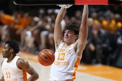 Dec 12, 2023; Knoxville, Tennessee, USA; Tennessee Volunteers forward J.P. Estrella (13) dunks the ball against the Georgia Southern Eagles at Food City Center at Thompson-Boling Arena. Mandatory Credit: Randy Sartin-USA TODAY Sports