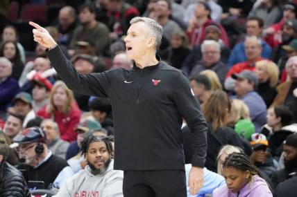 Dec 12, 2023; Chicago, Illinois, USA; Chicago Bulls head coach Billy Donovan gestures to his team against the Denver Nuggets during the second half at United Center. Mandatory Credit: David Banks-USA TODAY Sports