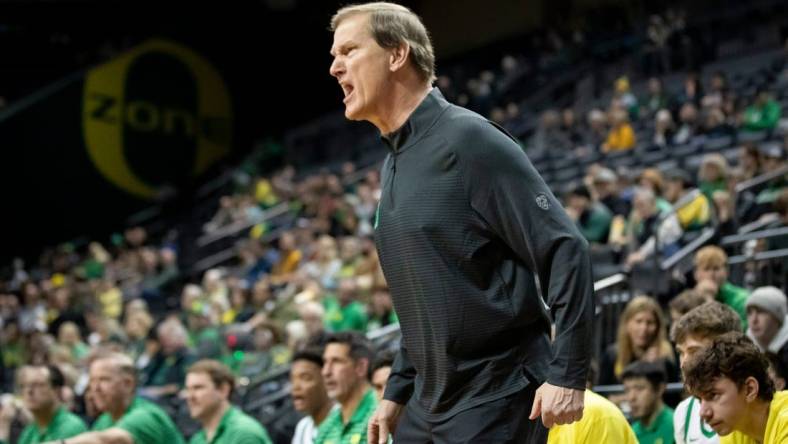 Oregon head coach Dana Altman calls to his team as the Oregon Ducks host California Baptist Tuesday, Dec. 12, 2023, at Matthew Knight Arena in Eugene, Ore.