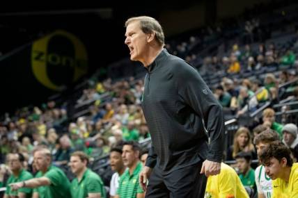 Oregon head coach Dana Altman calls to his team as the Oregon Ducks host California Baptist Tuesday, Dec. 12, 2023, at Matthew Knight Arena in Eugene, Ore.