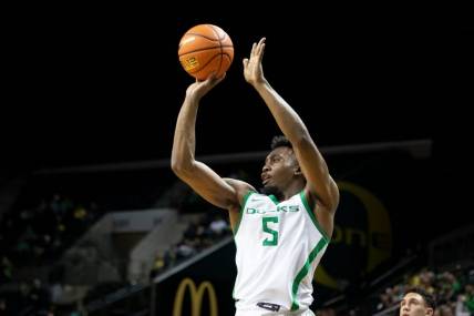 Oregon guard Jermaine Couisnard puts up a shot for three as the Oregon Ducks host California Baptist Tuesday, Dec. 12, 2023, at Matthew Knight Arena in Eugene, Ore.