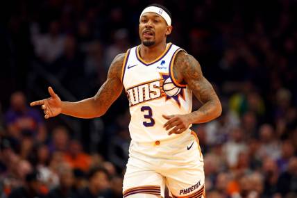 Dec 13, 2023; Phoenix, Arizona, USA; Phoenix Suns guard Bradley Beal (3) reacts after a play during the first quarter of the game against the Brooklyn Nets at Footprint Center. Mandatory Credit: Mark J. Rebilas-USA TODAY Sports