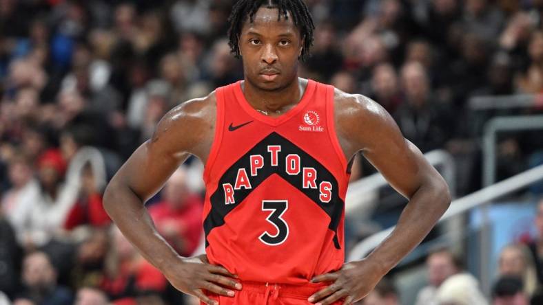 Dec 13, 2023; Toronto, Ontario, CAN;   Toronto Raptors forward OG Anunoby (3) waits for play to resume after a time out in the second half against the Atlanta Hawks at Scotiabank Arena. Mandatory Credit: Dan Hamilton-USA TODAY Sports