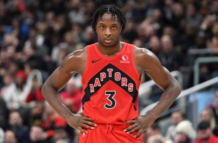 Dec 13, 2023; Toronto, Ontario, CAN;   Toronto Raptors forward OG Anunoby (3) waits for play to resume after a time out in the second half against the Atlanta Hawks at Scotiabank Arena. Mandatory Credit: Dan Hamilton-USA TODAY Sports